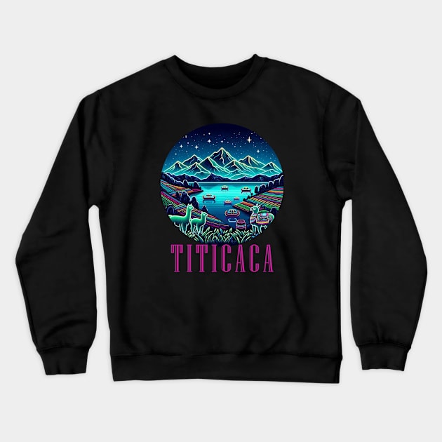 Lake Titicaca Peru Llama Artistic Neon Graphic Crewneck Sweatshirt by Sambastyles